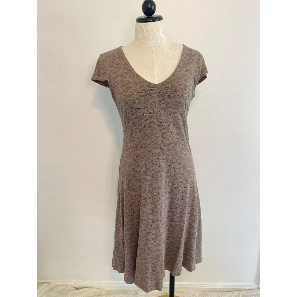 Toad & Co Womens V-Neck A-Line Brown Patterned Dress Size S Organic Cotton Blend